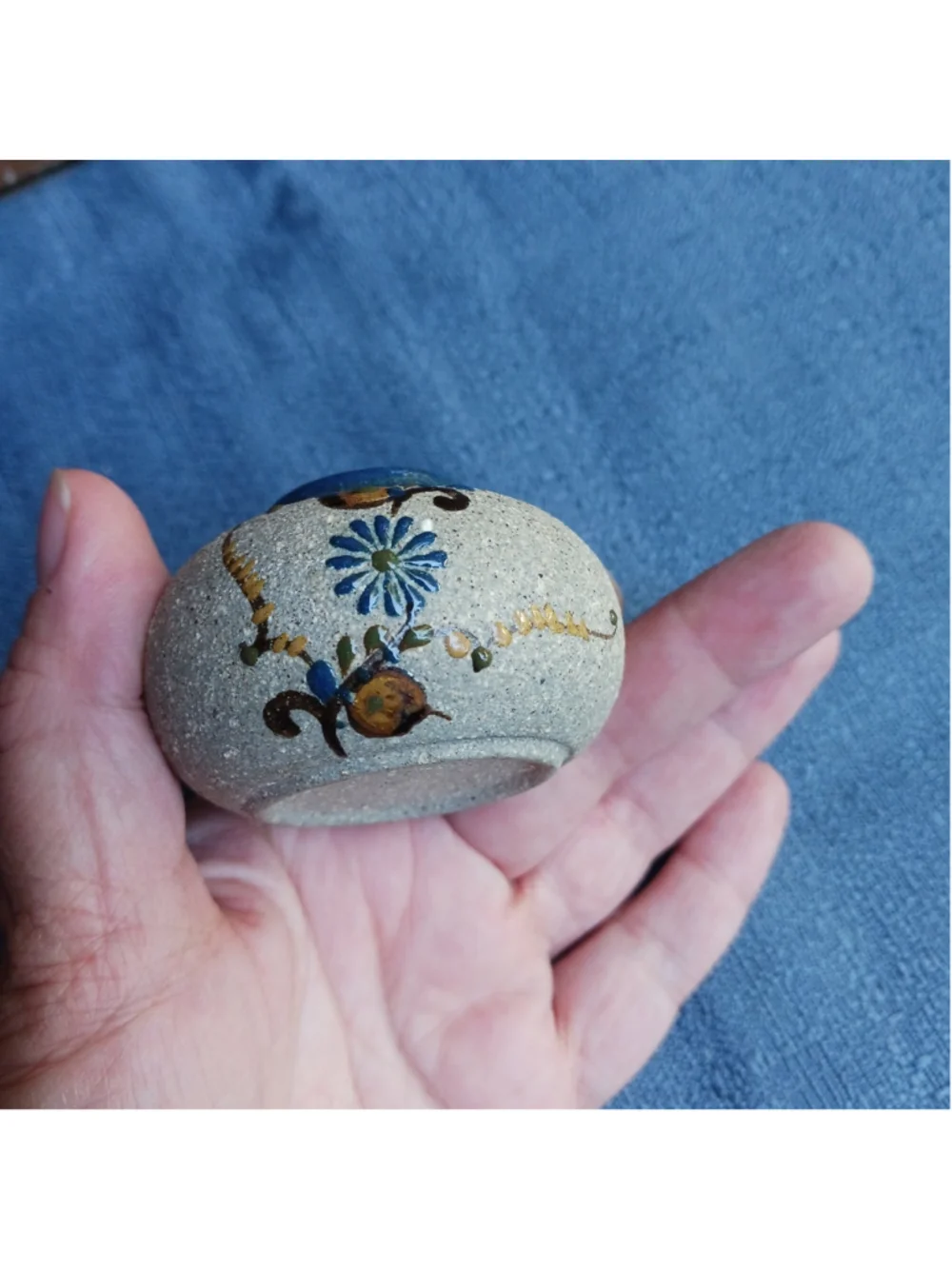 Vintage Tonala Stoneware Pottery Floral Mini Olla Vase Pot 2.25 Dia. Gray Blue